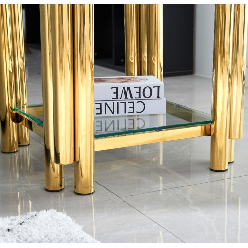 Modern Stainless Steel Coffee Table Set Set Of 2, Double-Layer Clear Tempered Glass Table Top, Coffee Table End Side Table 2-Pieces Sets For Living Room Home Office