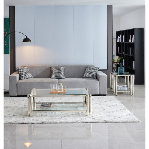 Modern Stainless Steel Coffee Table Set Set Of 2, Double-Layer Clear Tempered Glass Table Top, Coffee Table End Side Table 2-Pieces Sets For Living Room Home Office