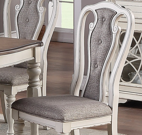 Antique White Set Of 2 Dining Chairs Grey Upholstered Tufted Unique Design Chairs Back Cushion Seat Dining Room