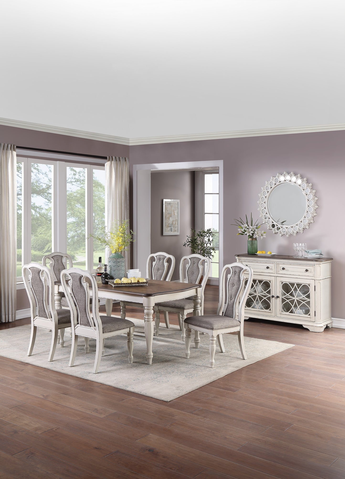 Antique White Set Of 2 Dining Chairs Grey Upholstered Tufted Unique Design Chairs Back Cushion Seat Dining Room
