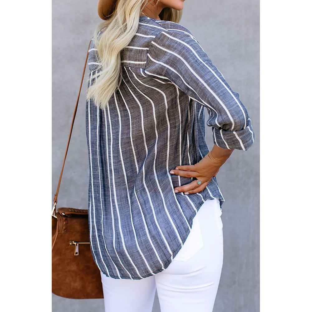 Stripe Printed V-Neck Shirt Fashion Long Sleeve Pocket Button Tops Women Clothing