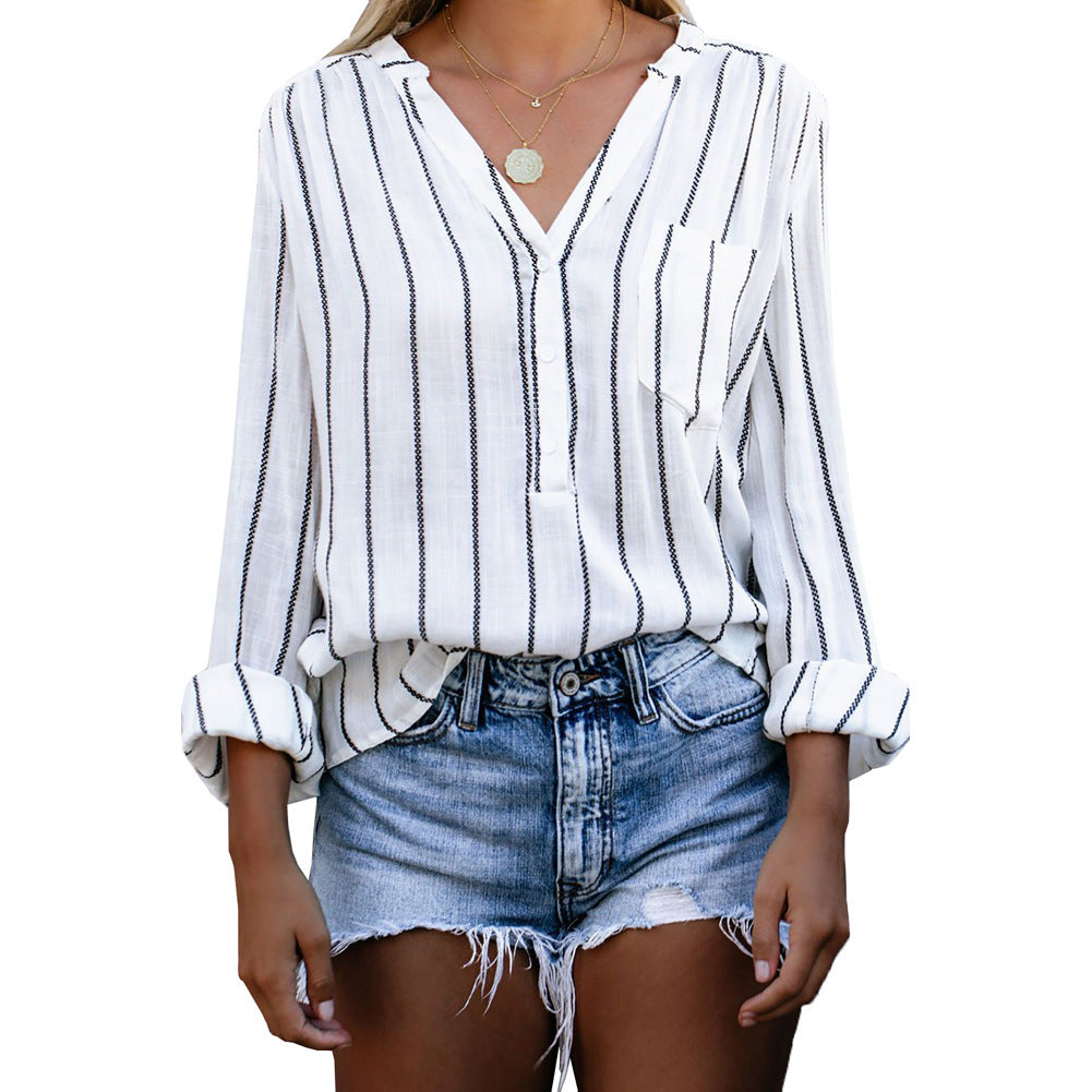 Stripe Printed V-Neck Shirt Fashion Long Sleeve Pocket Button Tops Women Clothing