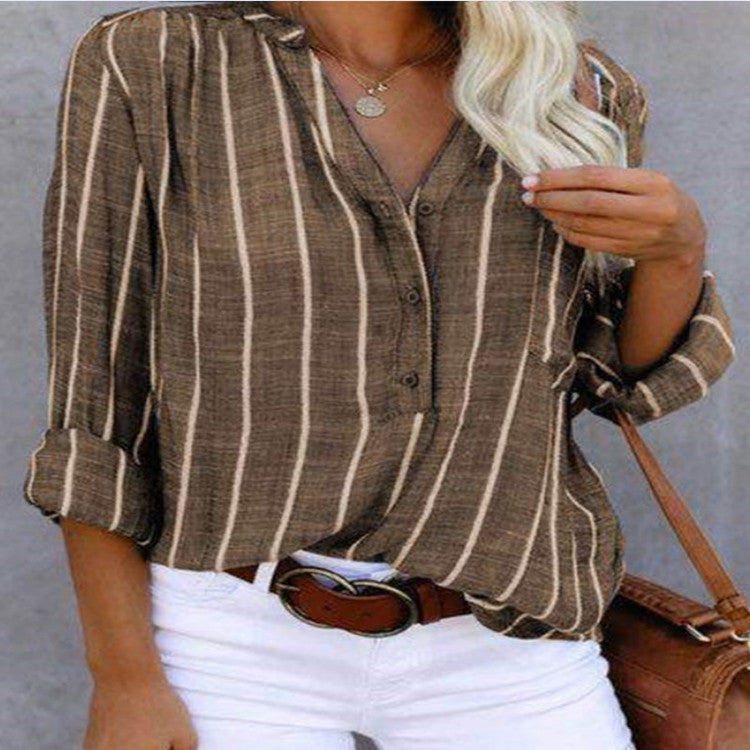 Stripe Printed V-Neck Shirt Fashion Long Sleeve Pocket Button Tops Women Clothing