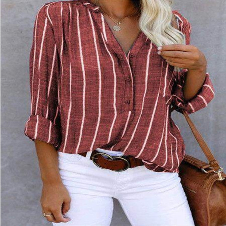 Stripe Printed V-Neck Shirt Fashion Long Sleeve Pocket Button Tops Women Clothing