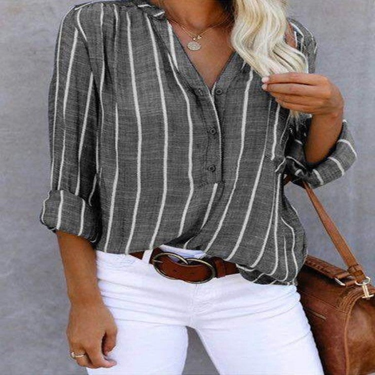Stripe Printed V-Neck Shirt Fashion Long Sleeve Pocket Button Tops Women Clothing