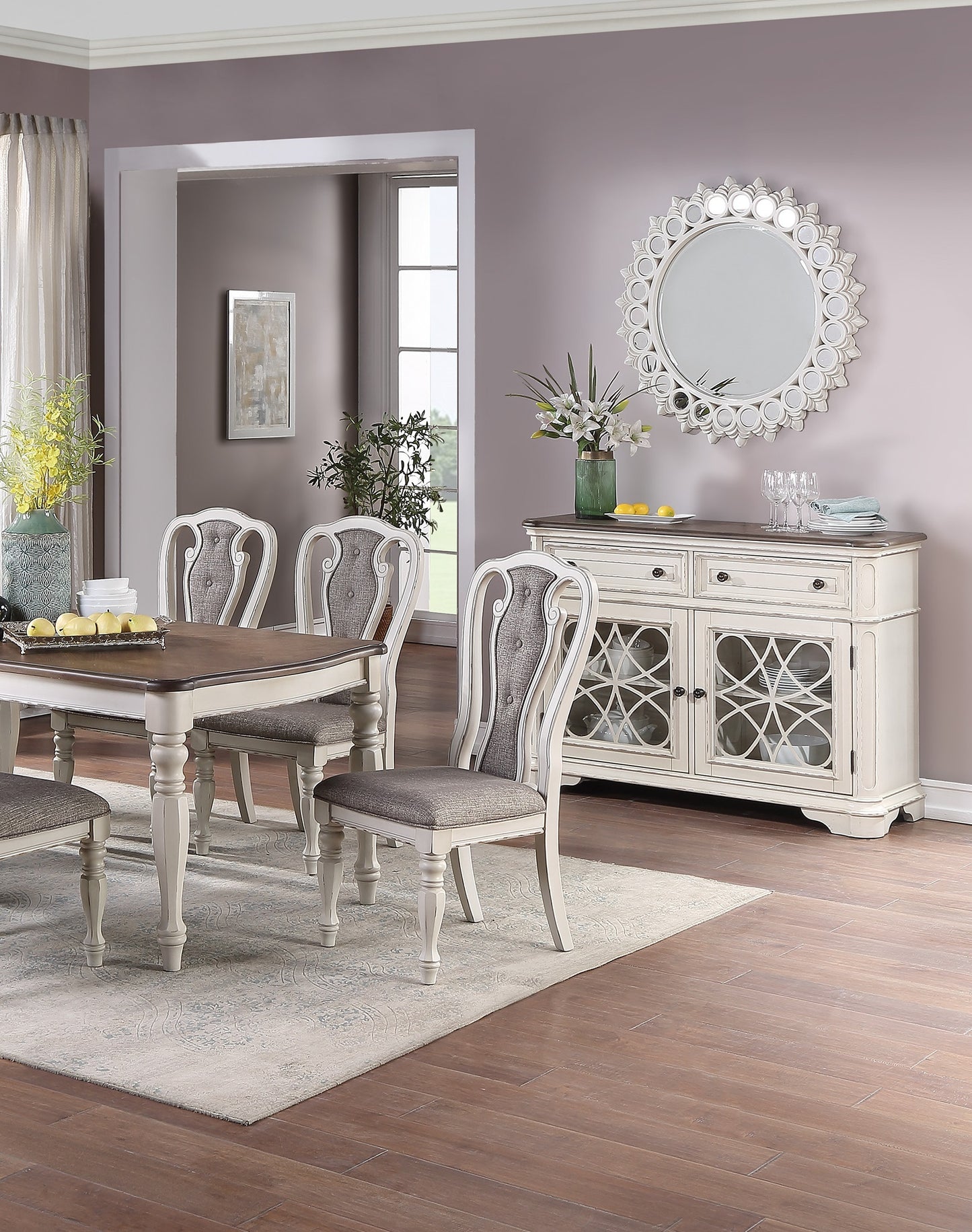 Antique White Set Of 2 Dining Chairs Grey Upholstered Tufted Unique Design Chairs Back Cushion Seat Dining Room