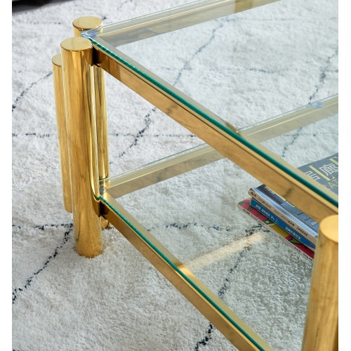 Modern Stainless Steel Coffee Table Set Set Of 2, Double-Layer Clear Tempered Glass Table Top, Coffee Table End Side Table 2-Pieces Sets For Living Room Home Office