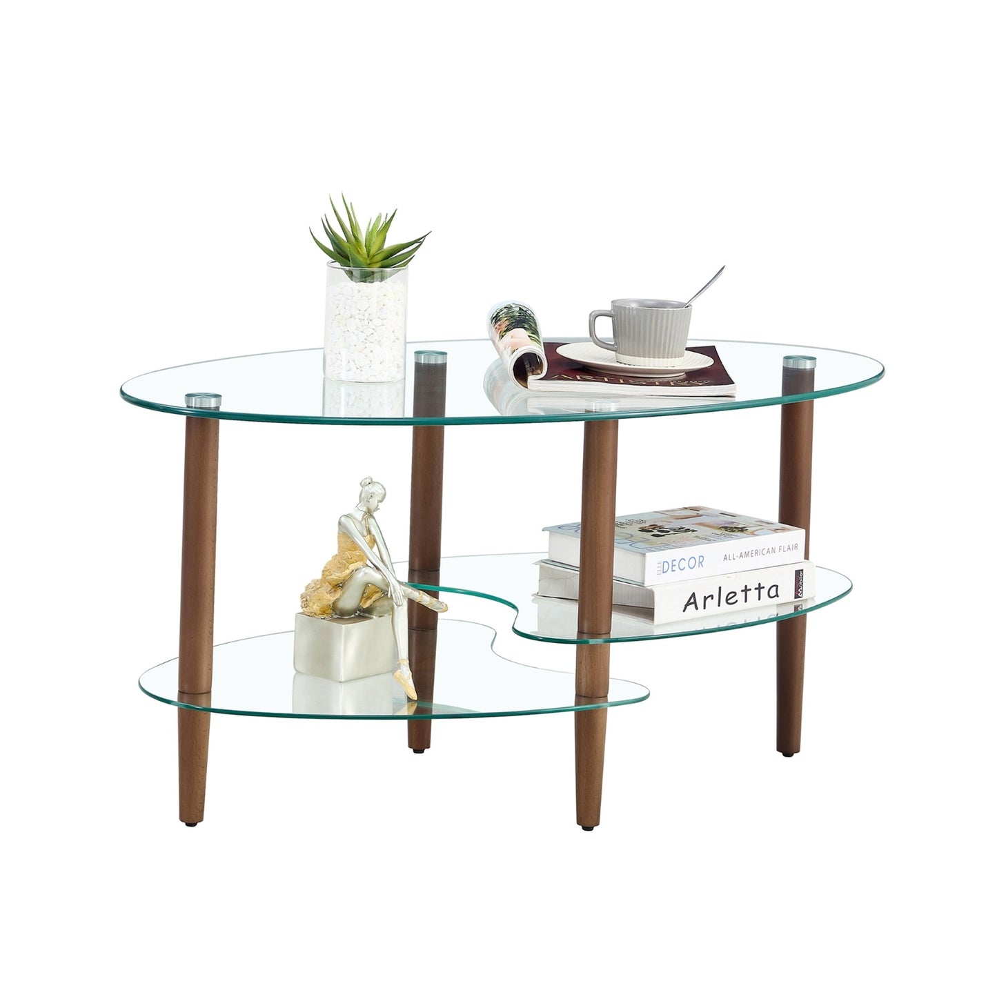 Transparent Oval Glass Coffee Table, 3-Layer Oak Leg Modern Living Room Table