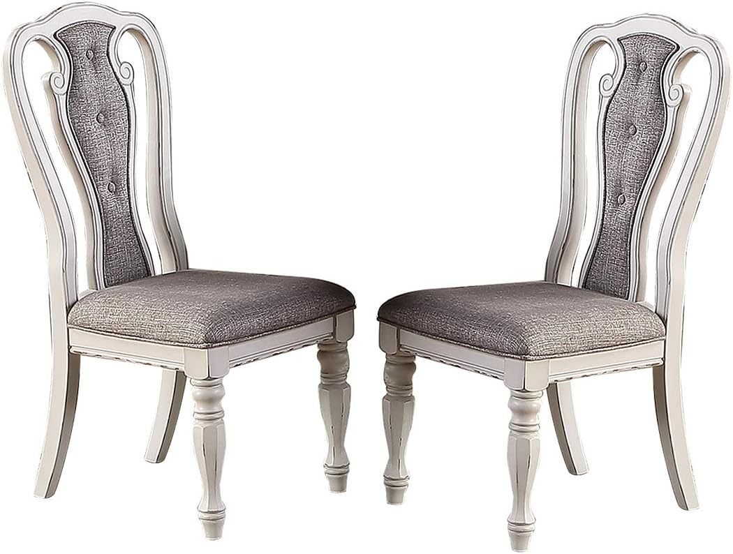 Antique White Set Of 2 Dining Chairs Grey Upholstered Tufted Unique Design Chairs Back Cushion Seat Dining Room
