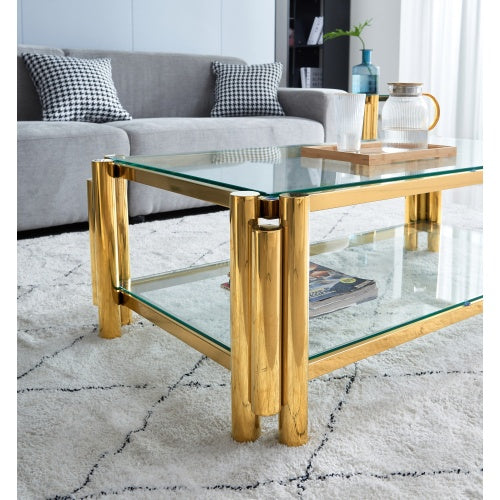 Modern Stainless Steel Coffee Table Set Set Of 2, Double-Layer Clear Tempered Glass Table Top, Coffee Table End Side Table 2-Pieces Sets For Living Room Home Office