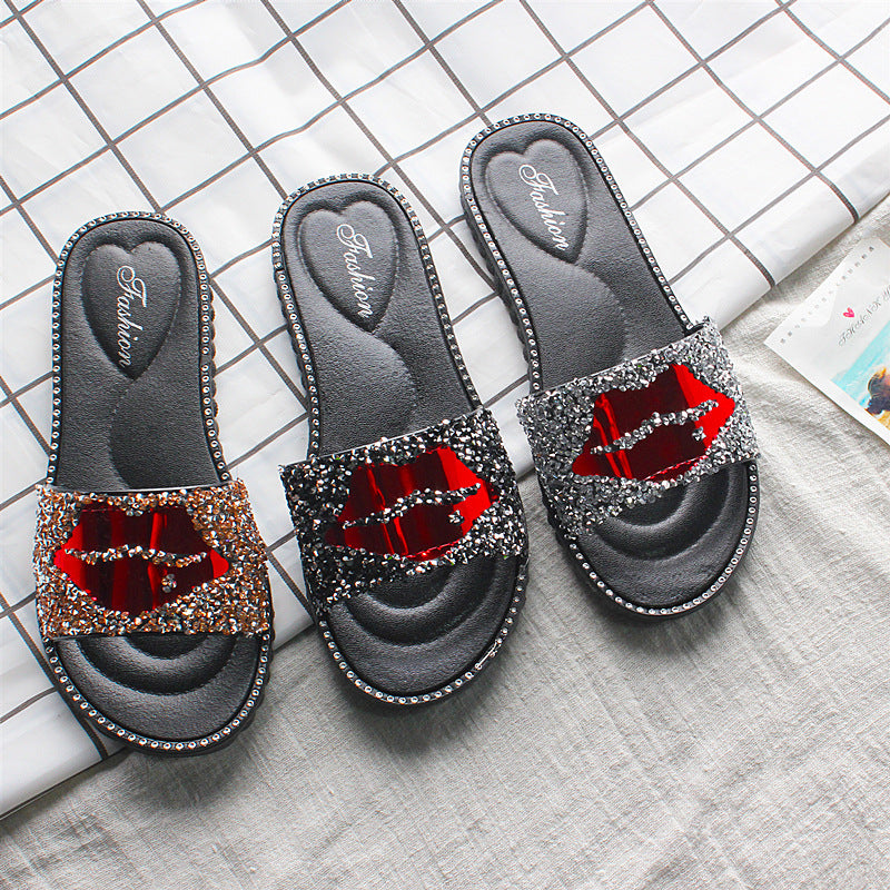 Lip Rhinestone Slippers