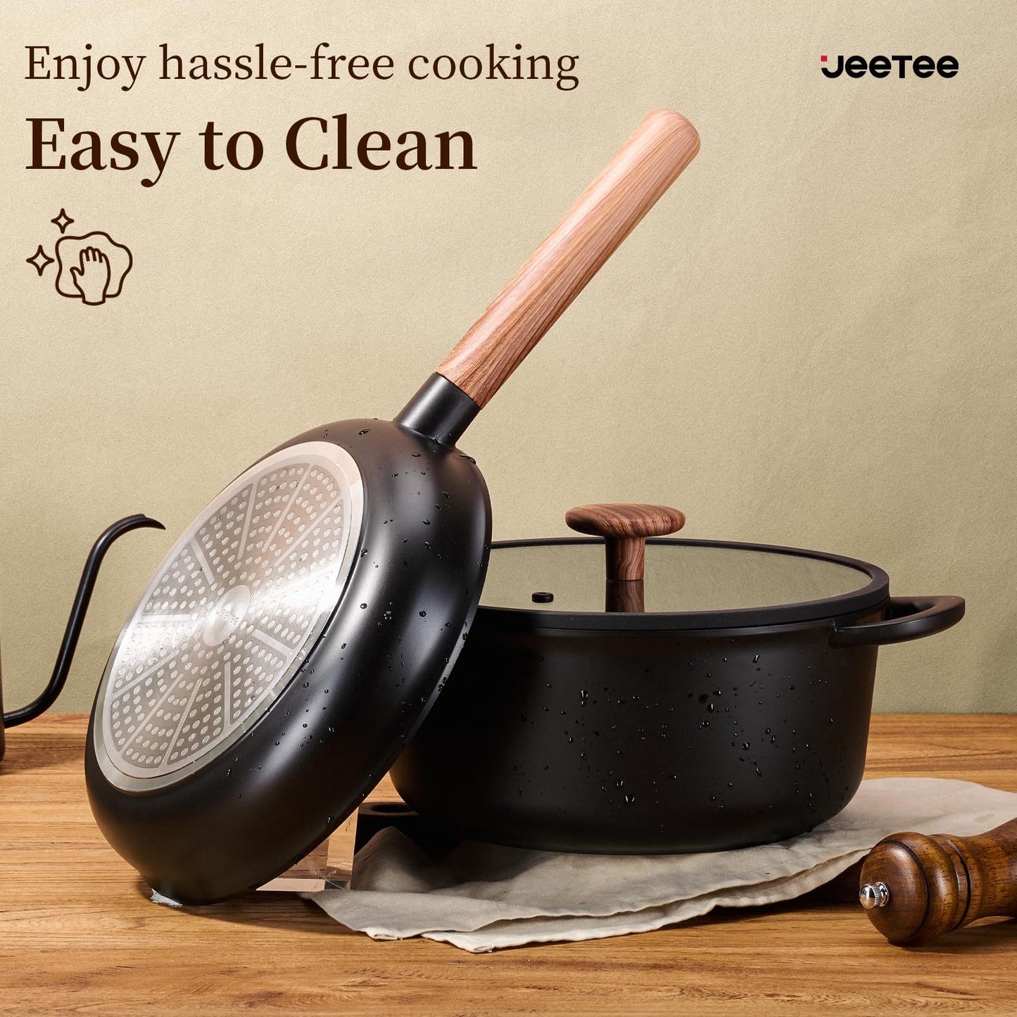 Ceramic Cookware Sets 15 Pcs, Healthy Pots And Pans Set Non Stick, Induction Kitchen Cooking Set With Removable Handles, Stackable Pots Pans, Oven Safe, PFOA,PFOS Free, Black