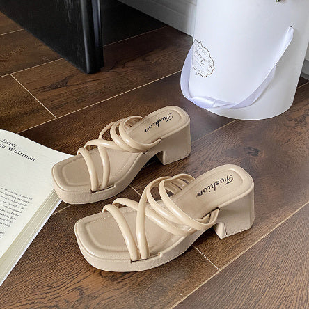 High Heel Slippers Women's Outdoor Sandals Chunky Heel Slippers