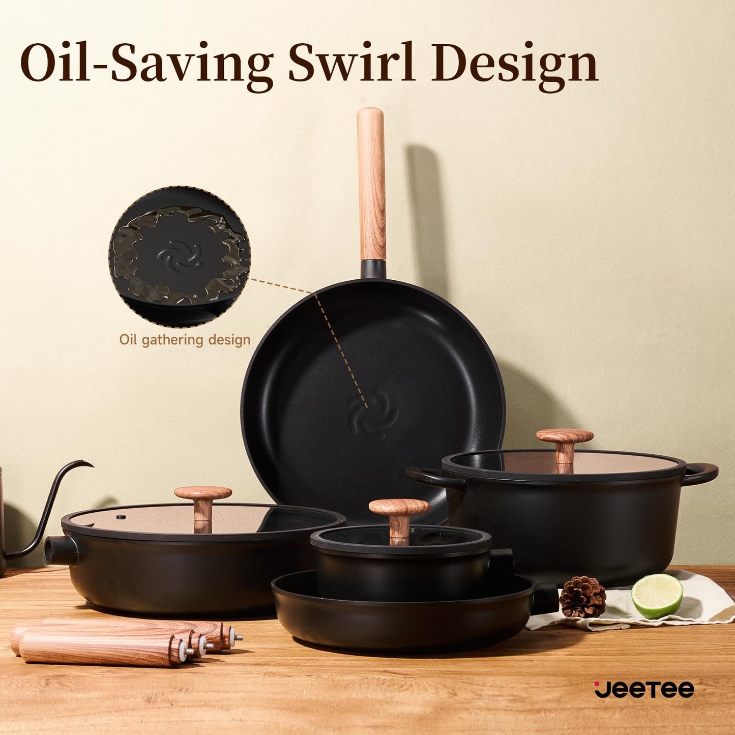Ceramic Cookware Sets 15 Pcs, Healthy Pots And Pans Set Non Stick, Induction Kitchen Cooking Set With Removable Handles, Stackable Pots Pans, Oven Safe, PFOA,PFOS Free, Black