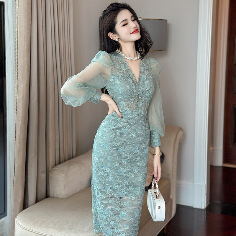 Clothing New V-neck Puff Sleeve Lace Dress Women Show Slim Temperament