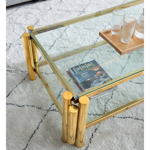Modern Stainless Steel Coffee Table Set Set Of 2, Double-Layer Clear Tempered Glass Table Top, Coffee Table End Side Table 2-Pieces Sets For Living Room Home Office