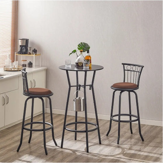 3 Bar Table And Chairs Set For Dining Room Industrial Counter Height Bar Chairs With Metal Back, Fabric Seat