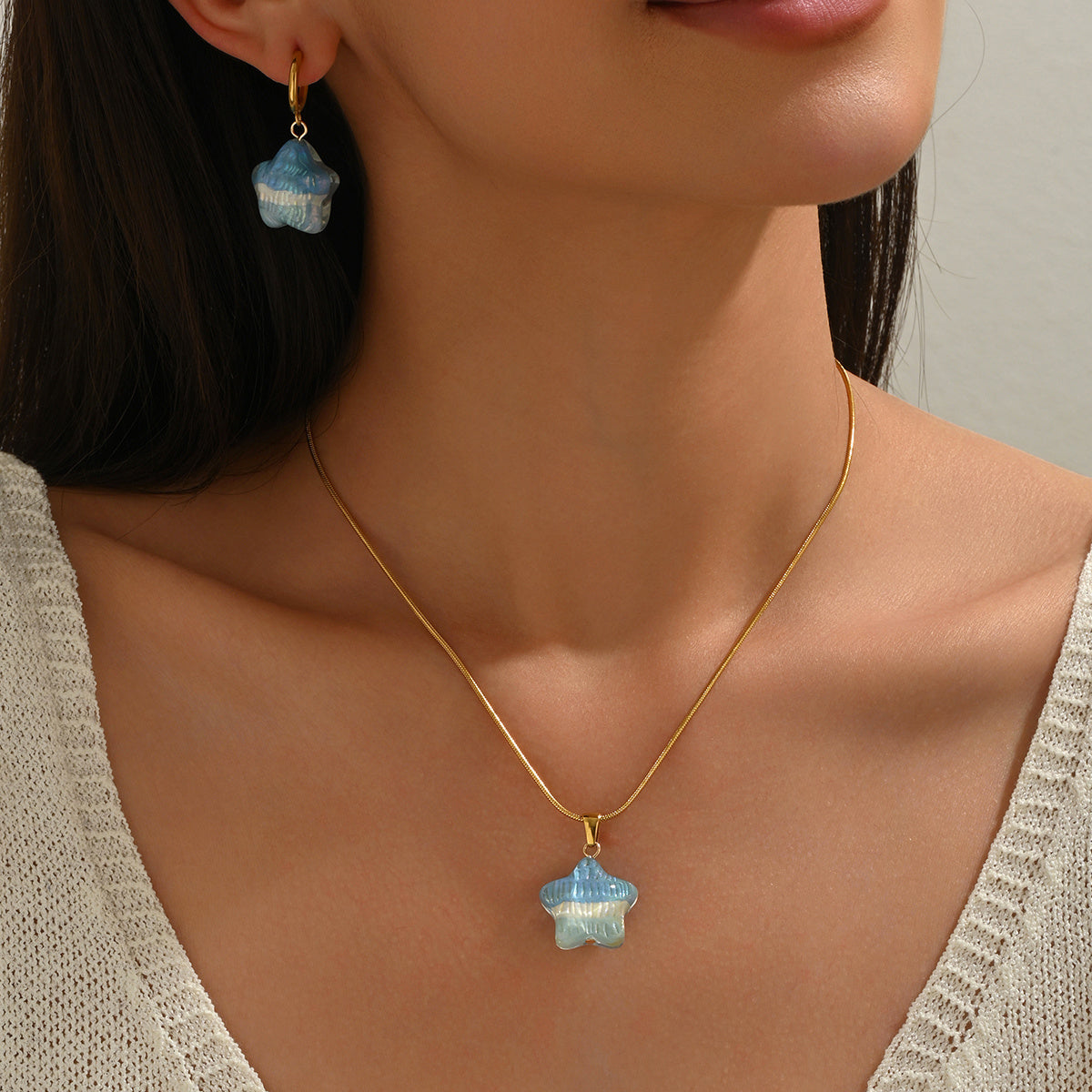 Lxalry 316L Stainless Steel 18K Gold-Plated Jewelry Set Iridescent Blue White Gradient 3D Glass Star Pendant Hypoallergenic Tarnish Free Earrings Necklace Beach Party Daily Wear Ocean Inspired