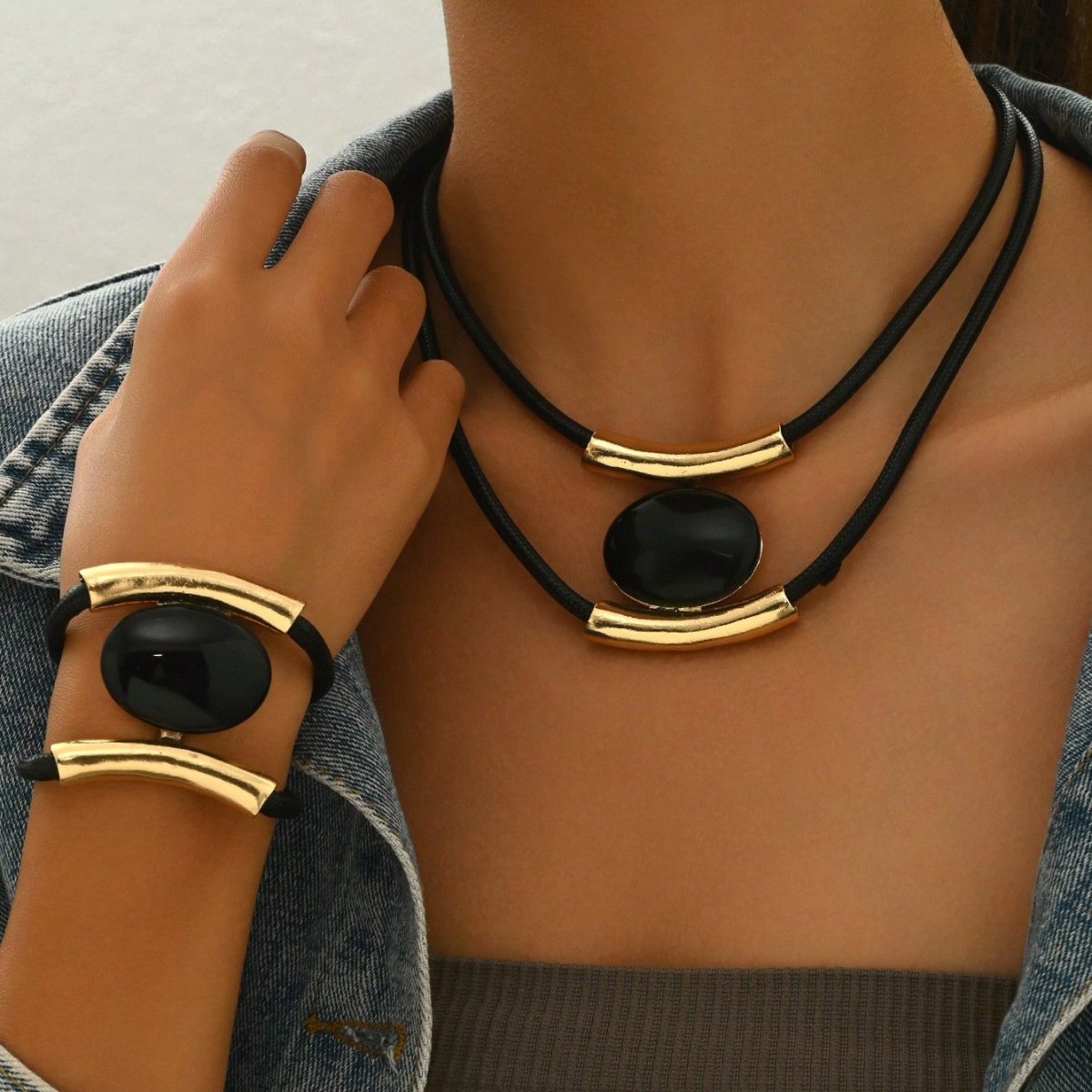 14K Gold Plated Golden Elegance Black And Gold Statement Jewelry Set