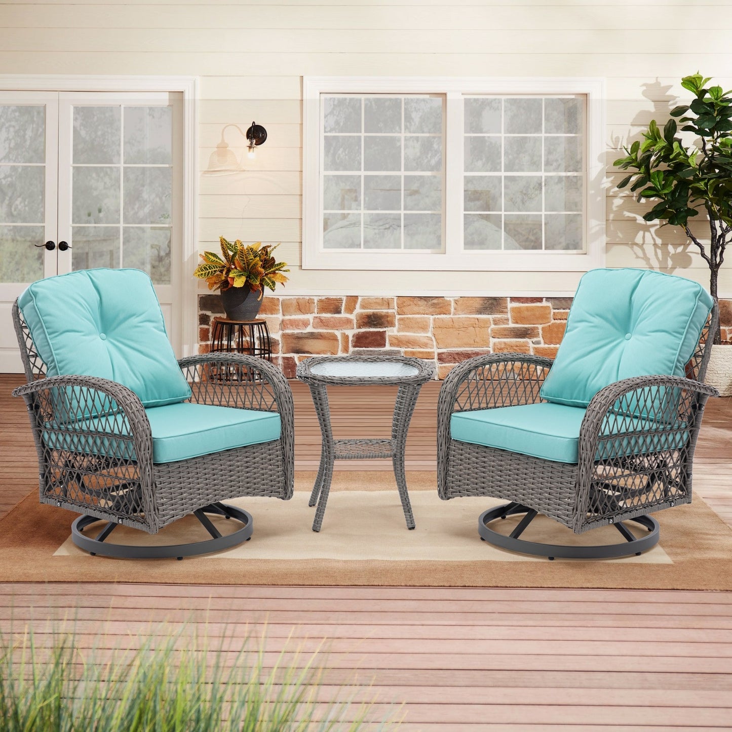 3pc Outdoor Swivel Rocker Patio Chairs 360 Rocking Set With Thick Cushions