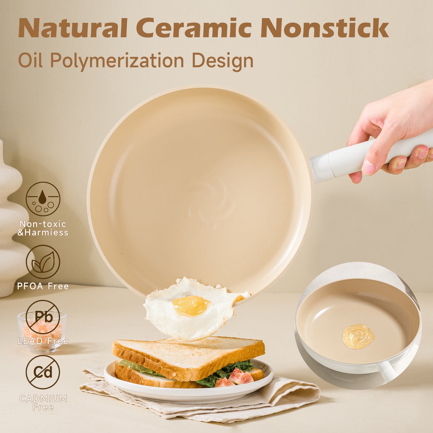 Ceramic Cookware Sets 17pcs, Pots And Pans Set Non Stick, Healthy Induction Kitchen Cooking Set With Removable Handles, Stackable Pots Pans, Oven Safe, PFOA,PFOS Free, Beige