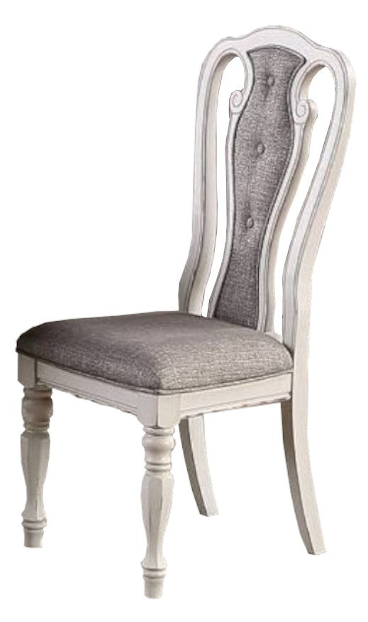 Antique White Set Of 2 Dining Chairs Grey Upholstered Tufted Unique Design Chairs Back Cushion Seat Dining Room