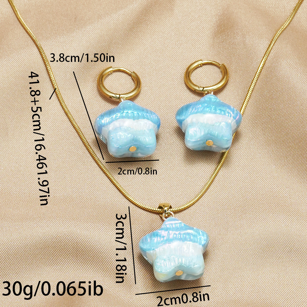 Lxalry 316L Stainless Steel 18K Gold-Plated Jewelry Set Iridescent Blue White Gradient 3D Glass Star Pendant Hypoallergenic Tarnish Free Earrings Necklace Beach Party Daily Wear Ocean Inspired