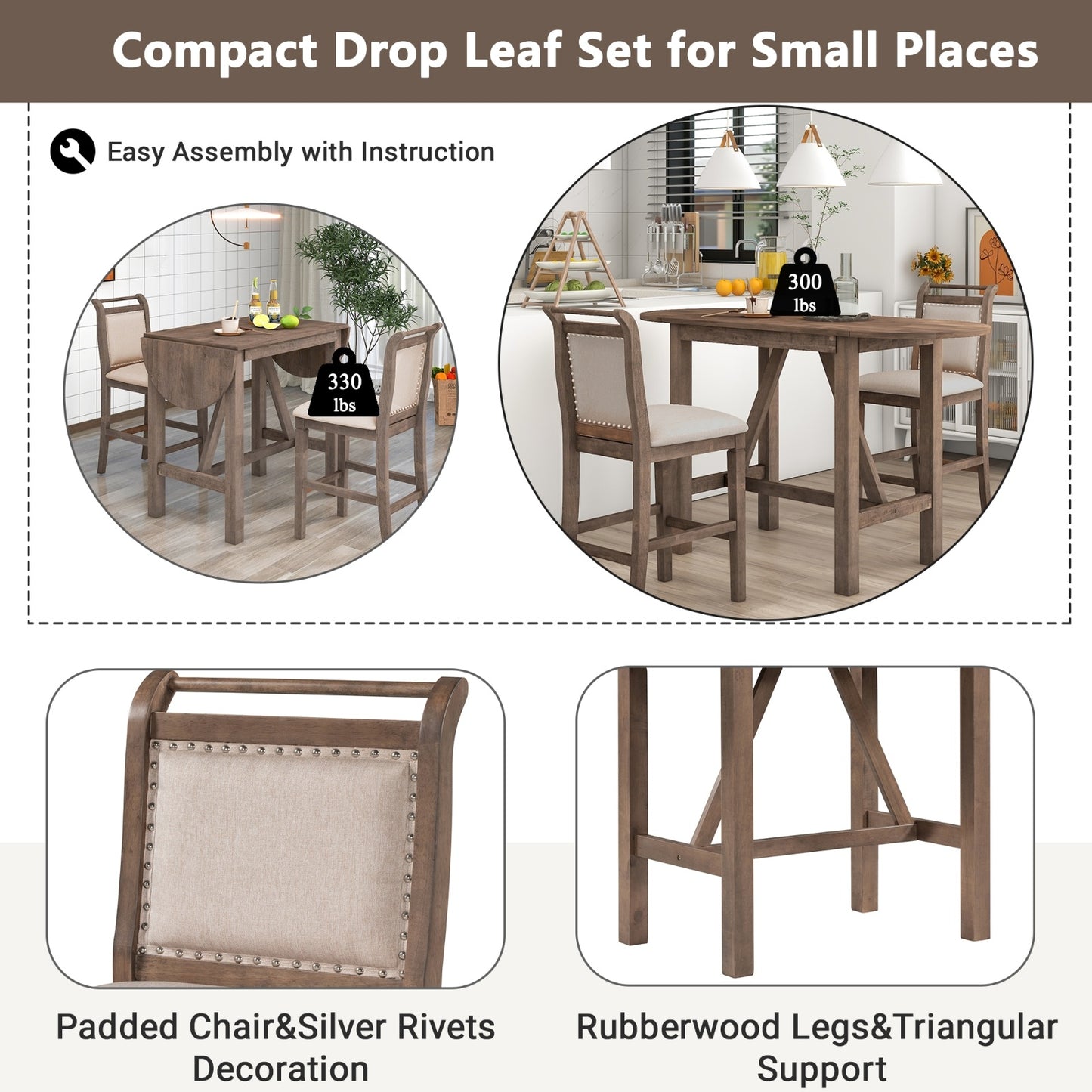 TOPMAX 3-Piece Wood Counter Height Dining Set With 2 Upholstered Chairs