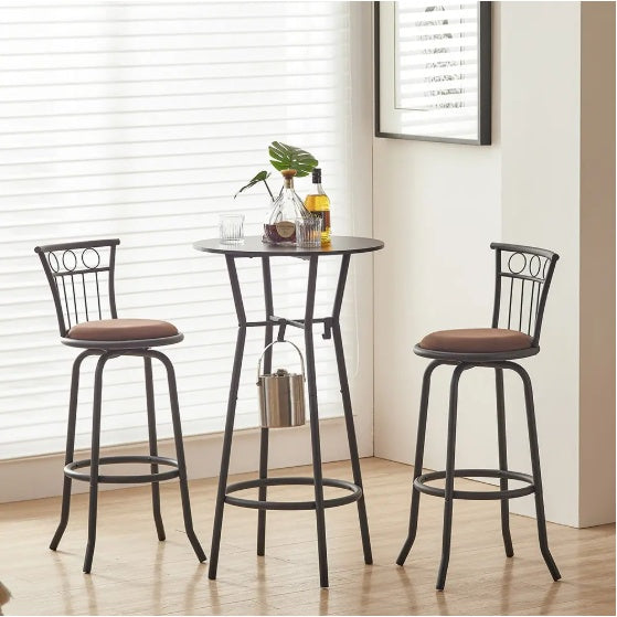 3 Bar Table And Chairs Set For Dining Room Industrial Counter Height Bar Chairs With Metal Back, Fabric Seat