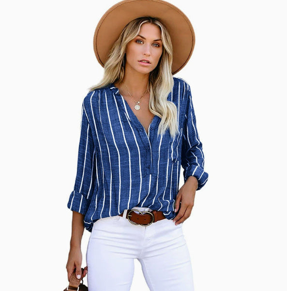 Stripe Printed V-Neck Shirt Fashion Long Sleeve Pocket Button Tops Women Clothing