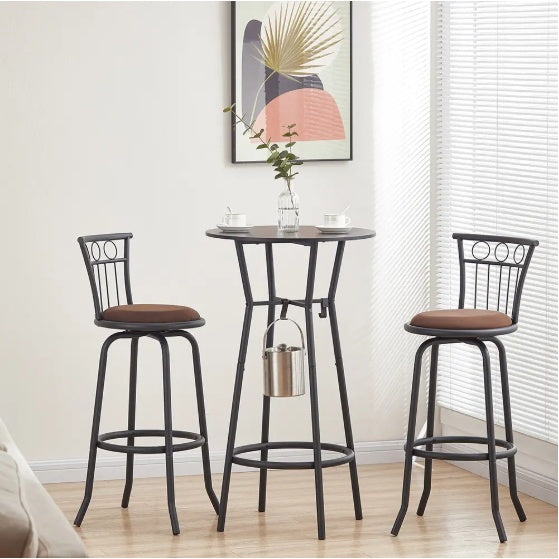 3 Bar Table And Chairs Set For Dining Room Industrial Counter Height Bar Chairs With Metal Back, Fabric Seat