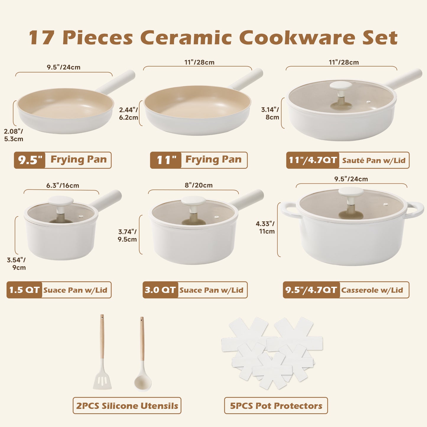 Ceramic Cookware Sets 17pcs, Pots And Pans Set Non Stick, Healthy Induction Kitchen Cooking Set With Removable Handles, Stackable Pots Pans, Oven Safe, PFOA,PFOS Free, Beige