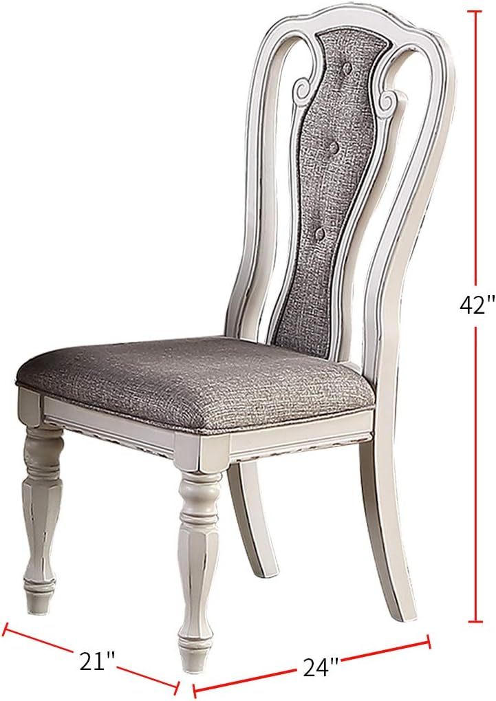 Antique White Set Of 2 Dining Chairs Grey Upholstered Tufted Unique Design Chairs Back Cushion Seat Dining Room