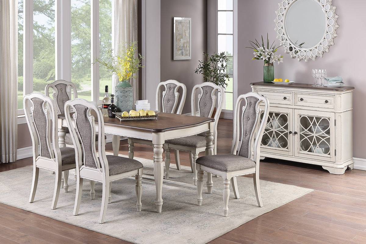Antique White Set Of 2 Dining Chairs Grey Upholstered Tufted Unique Design Chairs Back Cushion Seat Dining Room