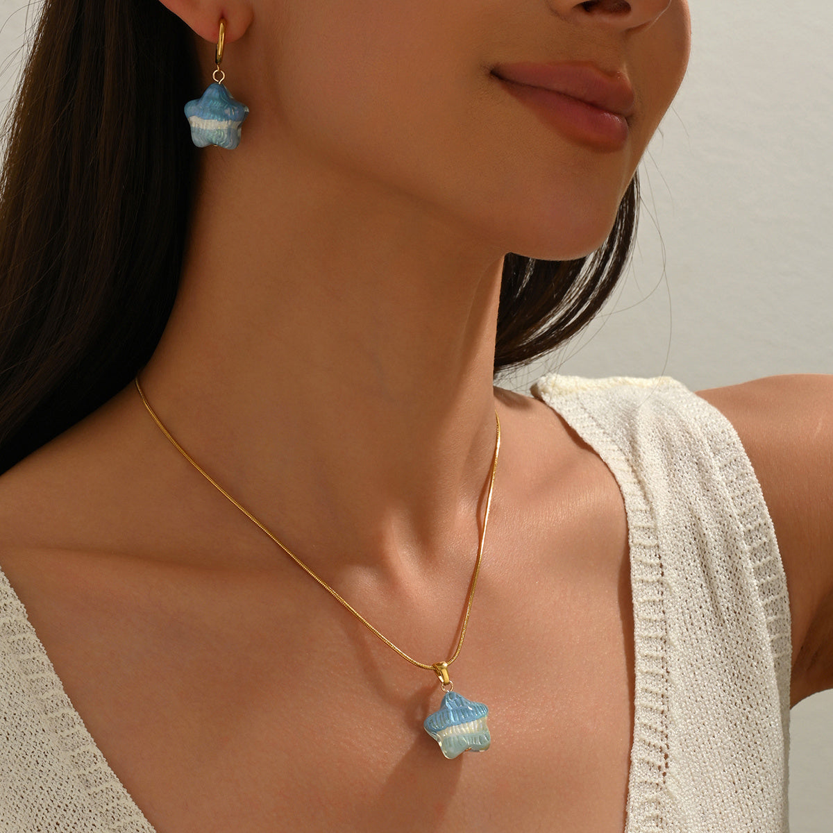 Lxalry 316L Stainless Steel 18K Gold-Plated Jewelry Set  Iridescent Blue White Gradient 3D Glass Star Pendant  Hypoallergenic Tarnish Free Earrings  Necklace Beach Party  Daily Wear Ocean Inspired