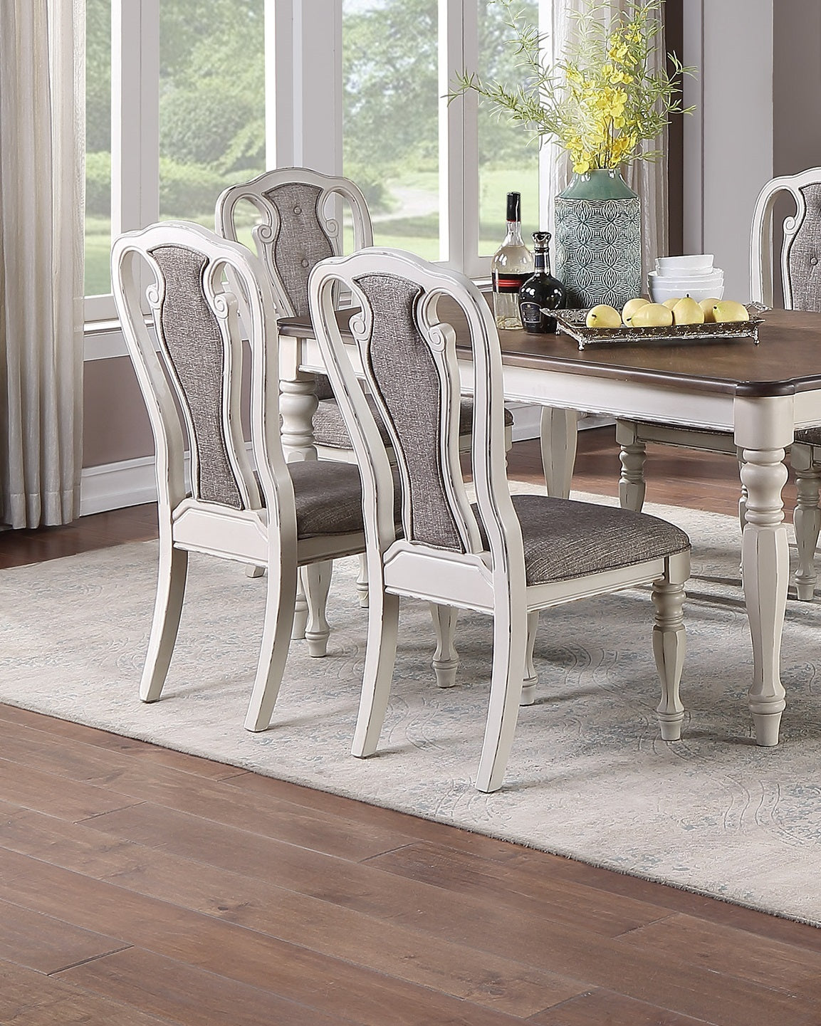 Antique White Set Of 2 Dining Chairs Grey Upholstered Tufted Unique Design Chairs Back Cushion Seat Dining Room